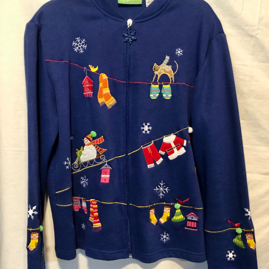 Onque Casuals Womens Cardigan Jacket Top Full Zip Blue Cotton Holiday Christmas